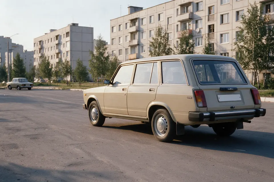Бежевый ранний ВАЗ-2104 сзади три четверти на улице Тольятти 1980-х: алюминиевые бамперы, на стекле задка нет очистителя
