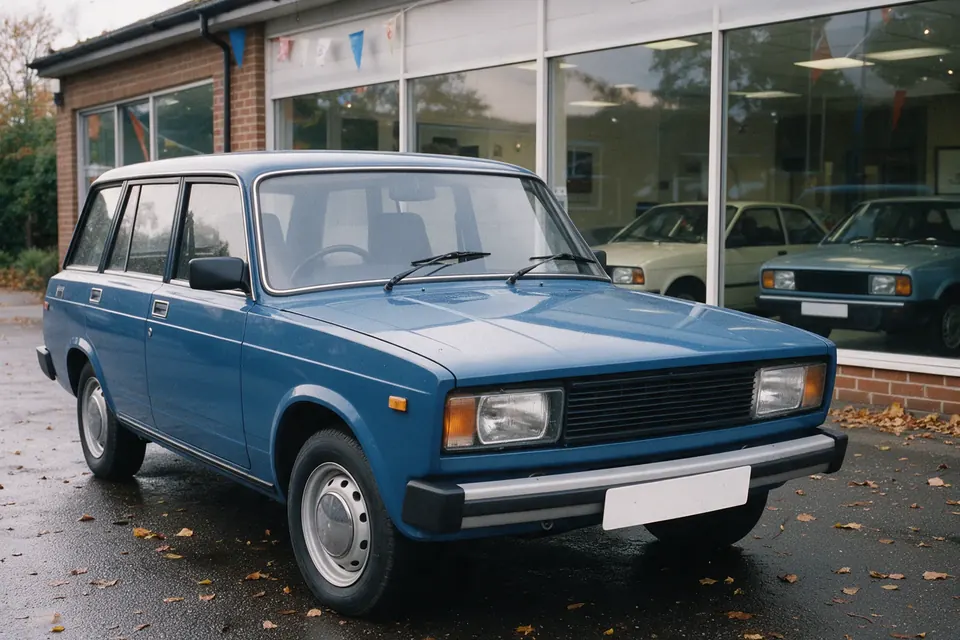 Синий праворульный универсал Lada Riva Estate у небольшого британского автосалона осенью