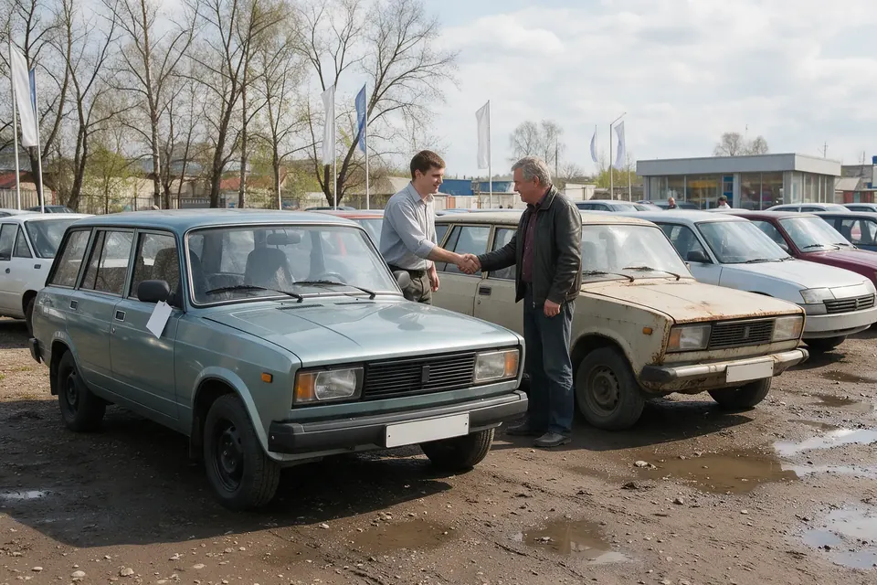Новая LADA 2104 и старая ржавая «четвёрка» на площадке дилера, владелец пожимает руку продавцу