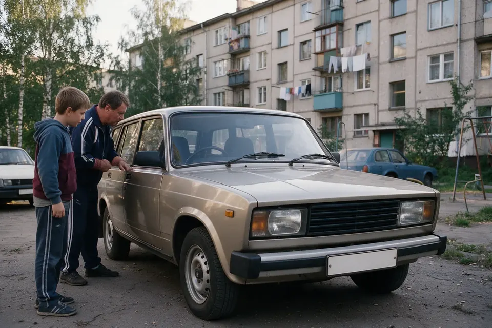 Праворульная Lada Riva Estate во дворе российской пятиэтажки, сосед с мальчиком заглядывают в салон
