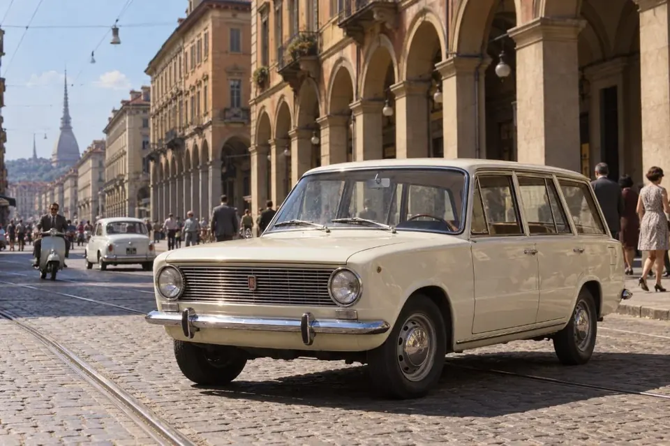 Светлый универсал Fiat 124 Familiare 1960-х на улице Турина с аркадами