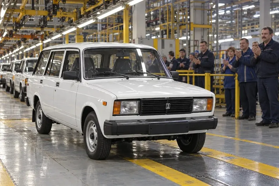 Белый универсал LADA 2104 в конце сборочной линии заводского цеха, рабочие аплодируют